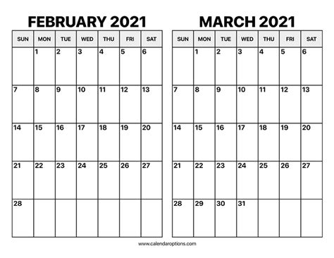 February And March 2021 Calendar Calendar Options