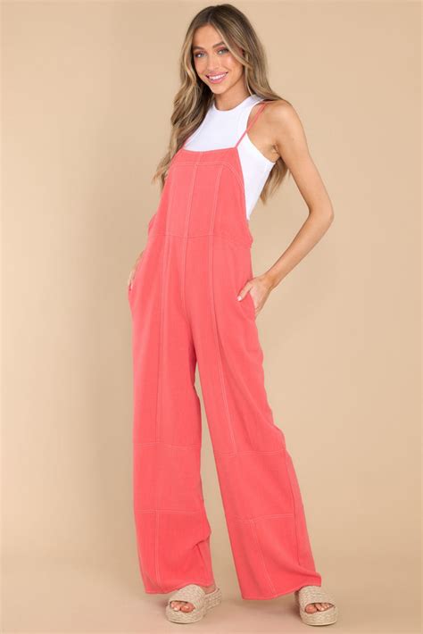Fun Coral Sleeveless Overalls Vacation Ready Red Dress