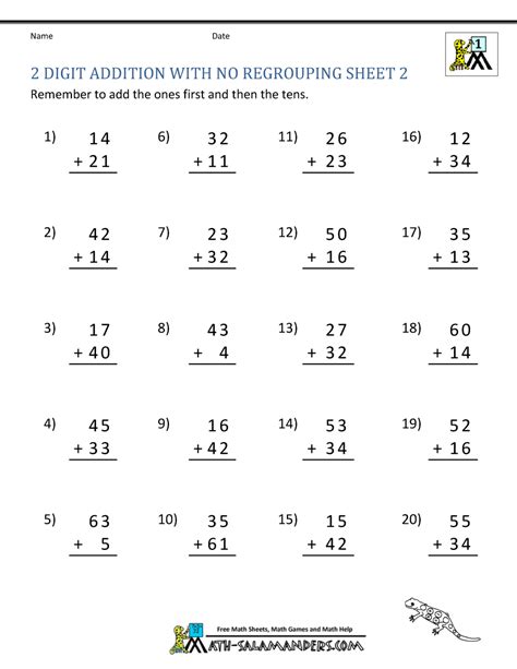 Adding 2 Digit Numbers Without Regrouping Worksheet