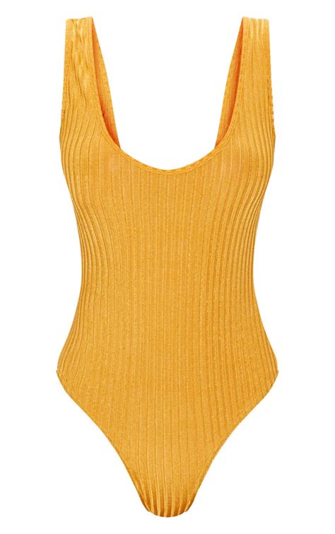 Yellow Rib Scoop Back Thong Bodysuit Tops Prettylittlething