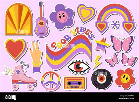 Retro 70s Hippie Sticker Objects Set Psychedelic Trippy Groovy