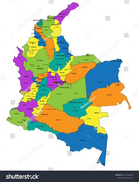 Colorful Colombia Political Map Clearly Labeled เวกเตอร์สต็อก ปลอดค่า