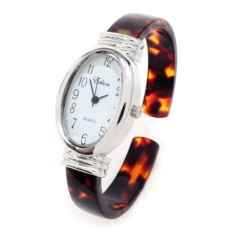 Tortoise Silver Acrylic Band Oval Face Womens Bangle Cuff Watch