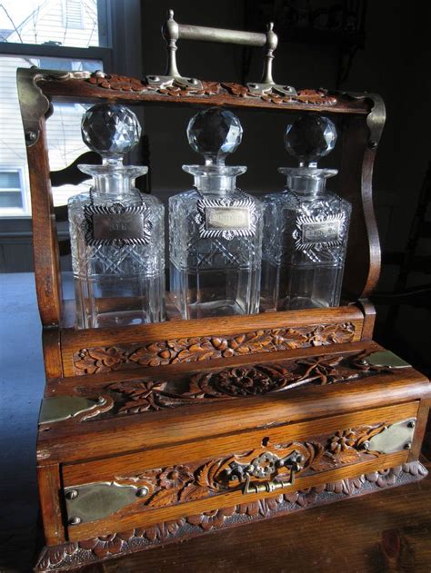 Antique Carved Wood English Oak Tantalus 3 Glass Decanter Liquor Cabinet Drawer Ebay Antiek