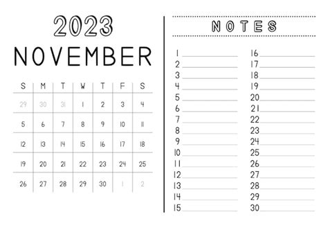Calendário Mensal De Novembro De 2023 Vetor Premium