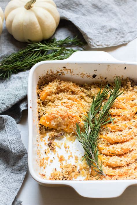 Peel, halve lengthwise and seed squash; Rosemary Parmesan Butternut Squash Gratin | Abra's Kitchen