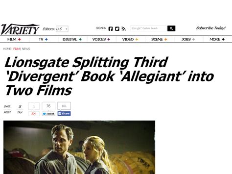 Lionsgate Splitting Third ‘divergent Book ‘allegiant Into Two Films