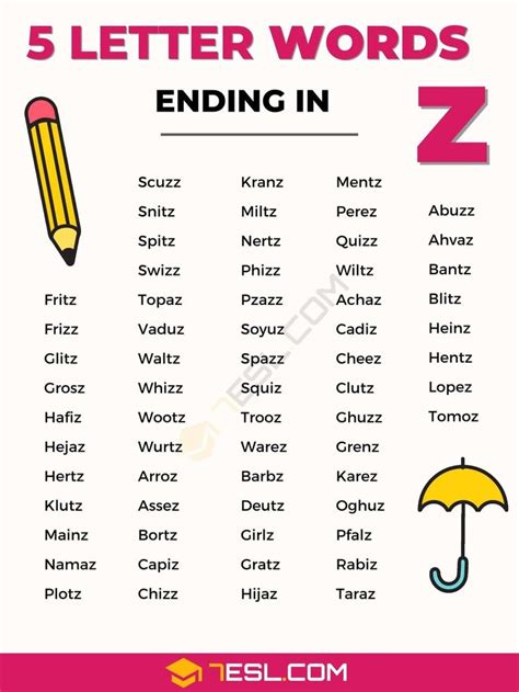 69 Examples Of 5 Letter Words Ending In Z • 7esl Letter N Words