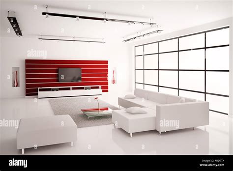 Modern Living Room In White Red Interior 3d Render Stock Photo Alamy
