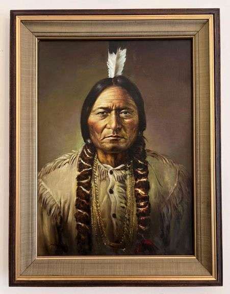 Native American Chief Sitting Bull Oil On Canvas Painting Signed By