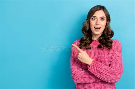 Photo Of Astonished Adorable Lady Wear Pink Trendy Clothes Arm Direct