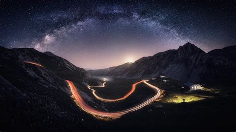 Nature Landscape Milky Way Mountain Road Starry Night Lights