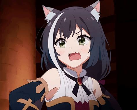 An Anime Character With Long Black Hair And Green Eyes Wearing A Cat Ears Costume Looking At