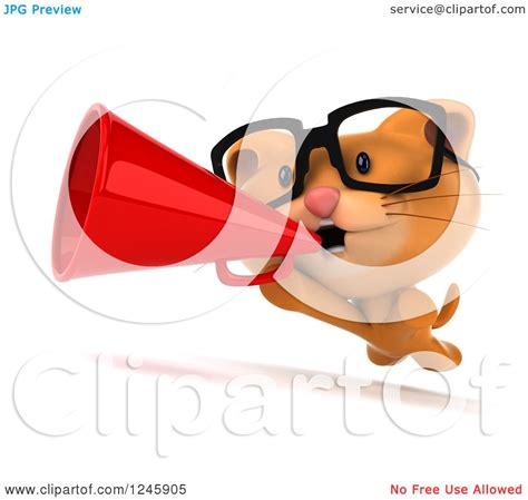 Clipart of a 3d Bespectacled Ginger Cat Announcing with a Megaphone - Royalty Free Illustration ...