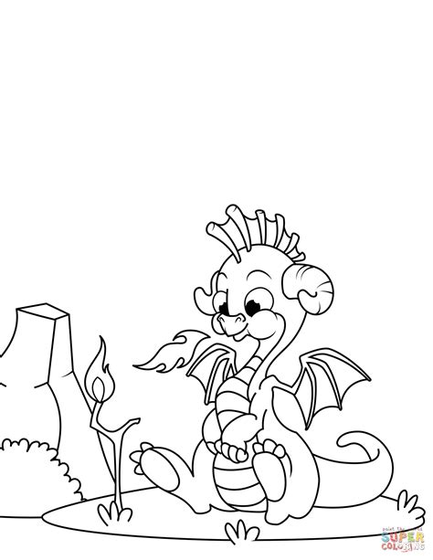 Vector black and white coloring page. Little Dragon Breathing Fire coloring page | Free ...