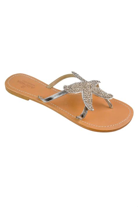 Starfish Leather Sandals Silver Beaded Leather Sandals Silver