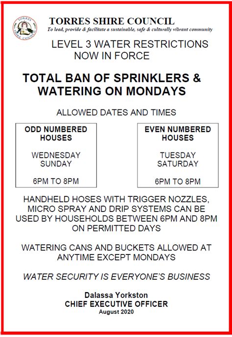 Alert level 3 restrictions mean that: Water Restrictions - Torres Shire Council