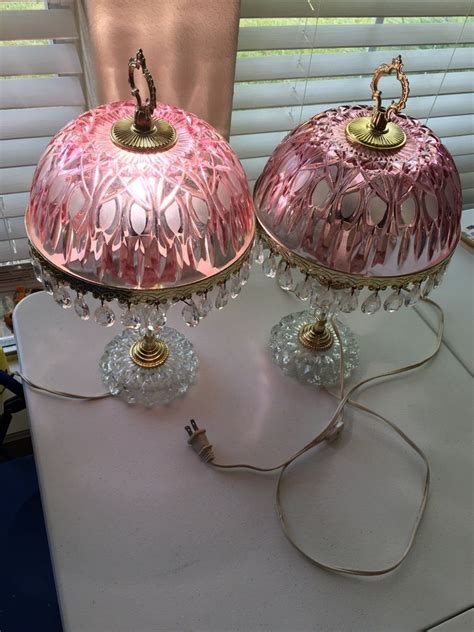 Vtg Boudoir Lamp Victorian Style Glass Crystal Prisms Pink Dome Shade