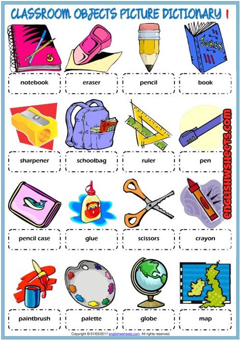 Classroom Objects Esl Printable Picture Dictionary For Kids