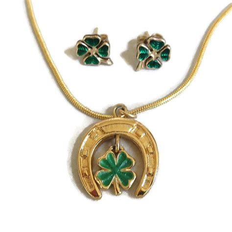 Green Enamel Shamrock And Horseshoe Pendant Necklace And Etsy
