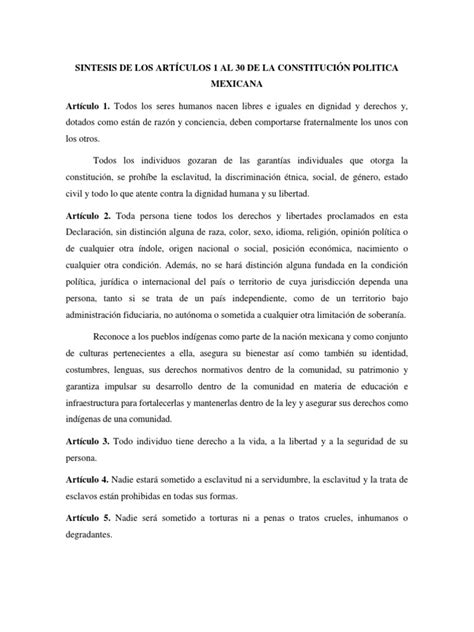 Sintesis De Los Artículos 1 Al 30 De La Constitución Politica Mexicana