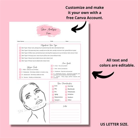 editable and printable skin analysis form template for etsy canada