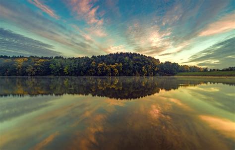 Wallpaper Autumn Forest Sunset Lake Reflection Germany Bayern