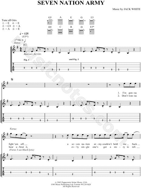 The White Stripes Seven Nation Army Guitar Tab In G Major Download And Print Sku Mn0045186