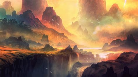 Artwork Fantasy Art Water Fall Mountains Landscape Forest