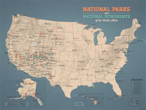 Us National Parks And Monuments Map 18x24 Poster
