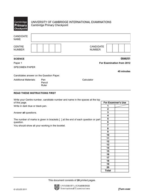 Cambridge lower secondary checkpoint tests cover all major areas of learning in the cambridge lower secondary curriculum frameworks for english, english as a second language, mathematics and science. Cambridge Primary Checkpoint Science P1 Specimen 2012 ...