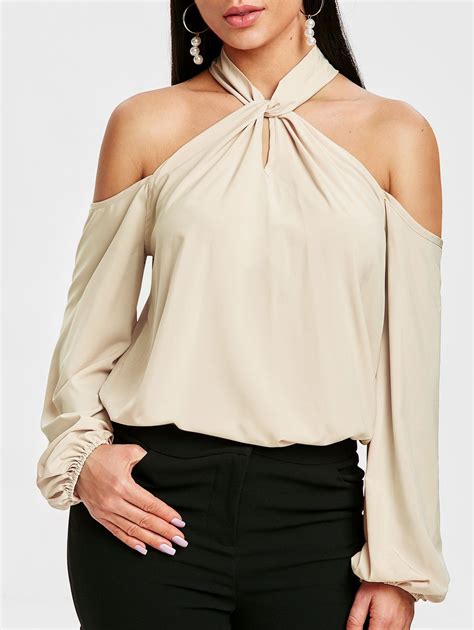 [27 off] 2021 puff sleeve cold shoulder blouse in khaki dresslily
