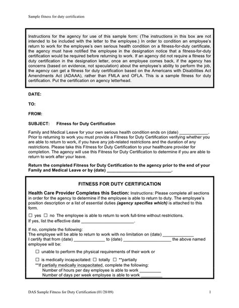 Sample Fitness For Duty Certification In Word And Pdf Formats