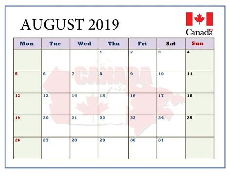 2019 August Canada Holidays Calendar