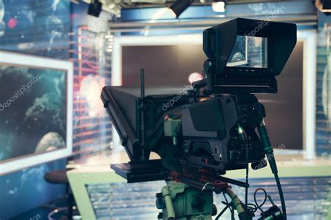 Television Studio With Camera And Lights Recording Tv News — Stock