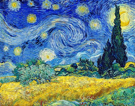 Wheat Field With Cypresses Under A Starry Night Cool Colors Digital