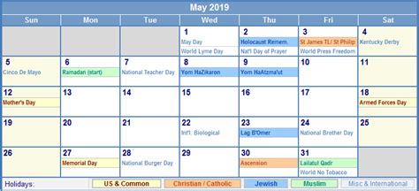 May 2019 Calendar With Holidays As Picture