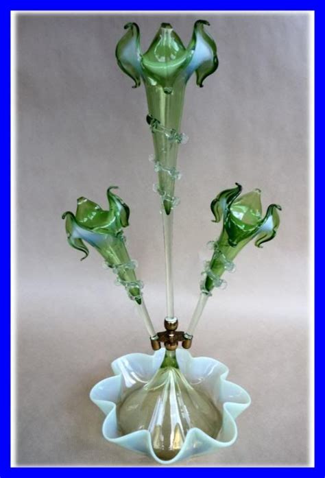 Victorian Green Vaseline Glass Epergne 3 Flutes Gilt Brass 1880