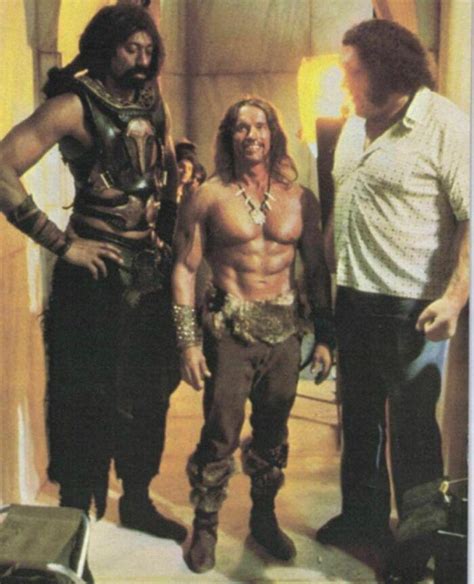 Arnold Schwarzenegger With Wilt Chamberlain And Andre The Giant On The Set Of Conan The