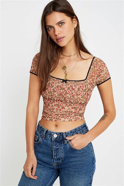 Uo Floral Mesh Ruched Top Urban Outfitters Uk