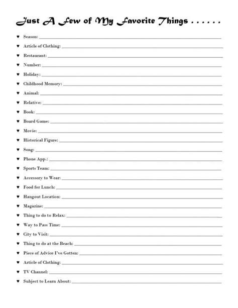 Questionnaire Favorite Things List Printable