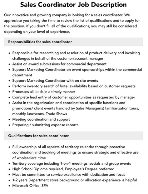 Sales Coordinator Job Description Velvet Jobs