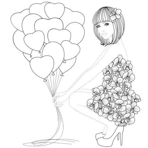 A Girl With Balloons And A Bouquet Of Flowers