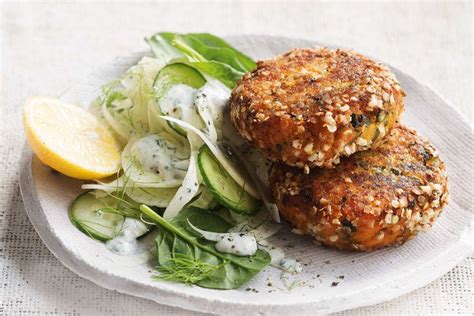 Genius ideas for mashed potatoes. Sweet potato and salmon cakes with fennel salad