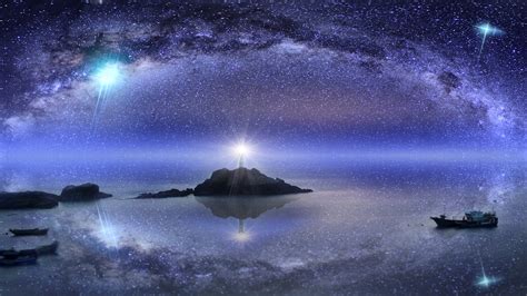 Download Starry Sky Ocean Night Sky Man Made Lighthouse 4k Ultra Hd