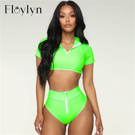 Floylyn Zipper Short Sleeve Bathing Suit Women High Waist Bikini Sports