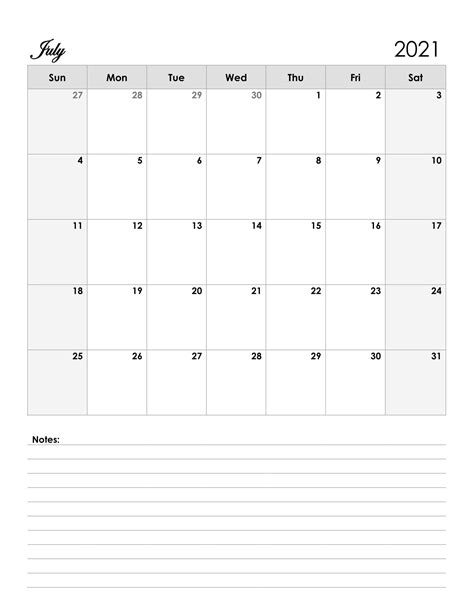 July 2021 Calendar With Notes