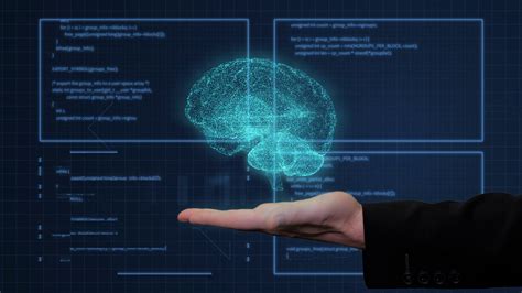 Digital Brain Hologram Appears Above Male Hand In Black Suit With Hud
