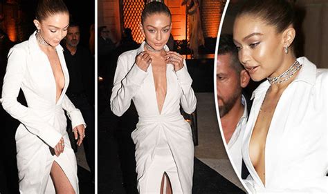Gigi Hadid Risks Nip Slip As She Goes Braless In Plunging Slit Dress Celebrity News Showbiz