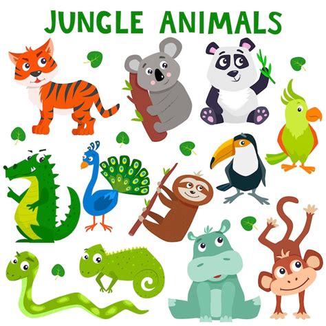 Conjunto De Animales Lindos De La Selva De Dibujos Animados Vector